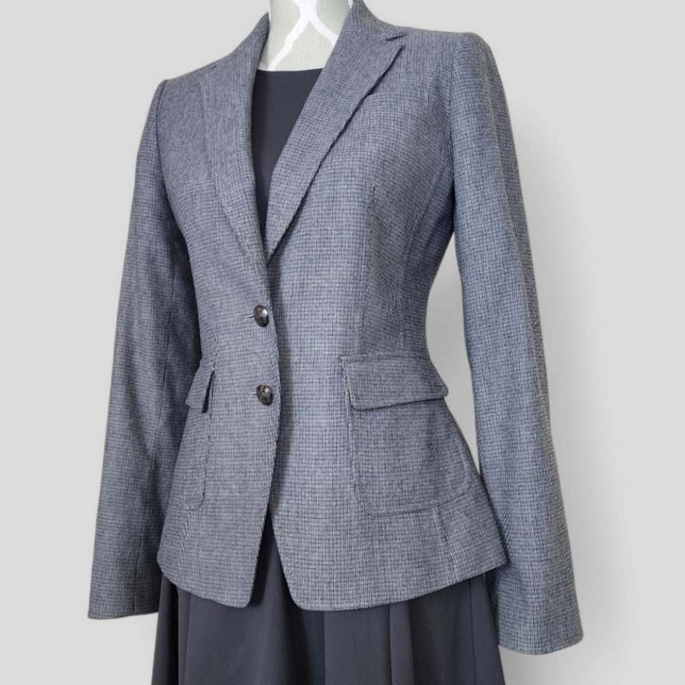 Banana Republic Italian Fabric Blazer Size 2 Grey Houndstooth Elbow Patch Jacket - Picture 9 of 12